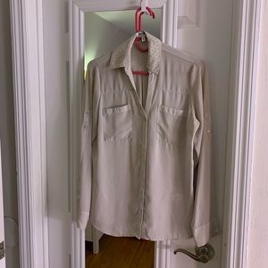 Express Beige Button-Down w/ Embroidery on Collar